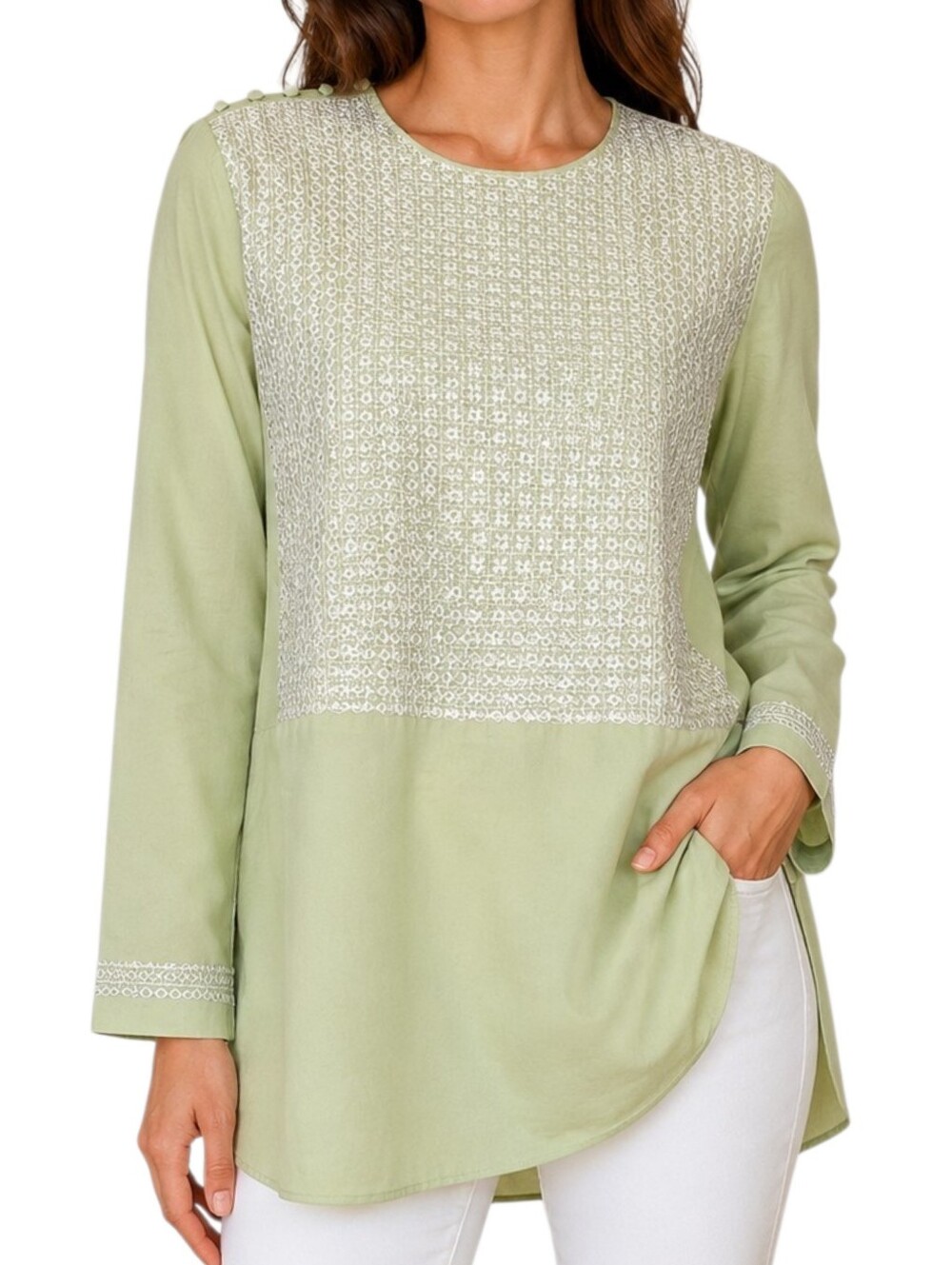 Embroidered Tunic Top with Shoulder Buttons and Side Slits